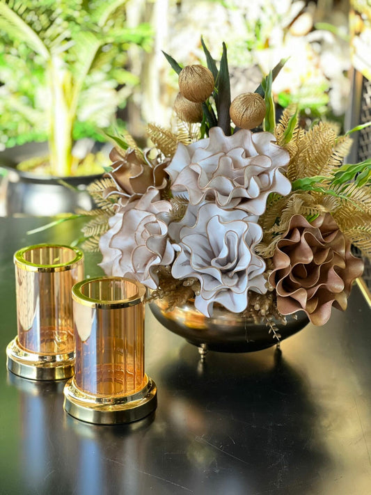 Yapay Çiçekli Gold Yassı Vazo 3 Parça Set No:5