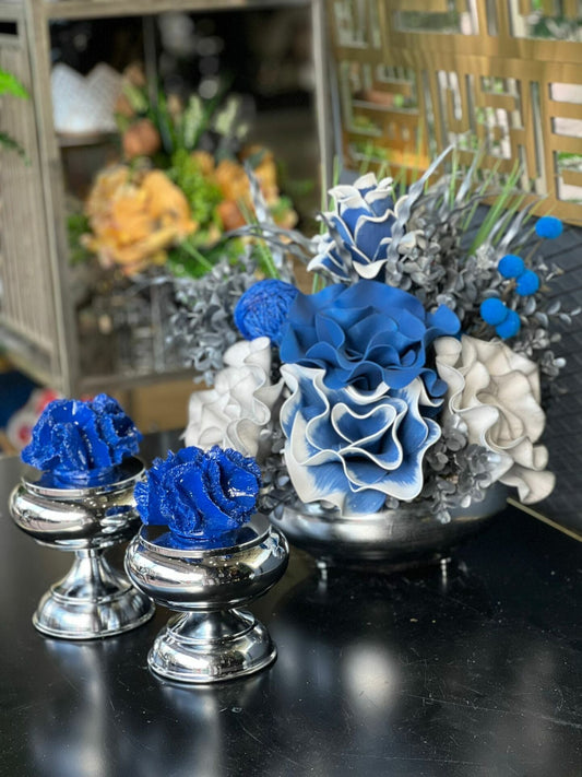 Yapay Çiçekli Gümüş Yassı Vazo 3 Parça Set No:9