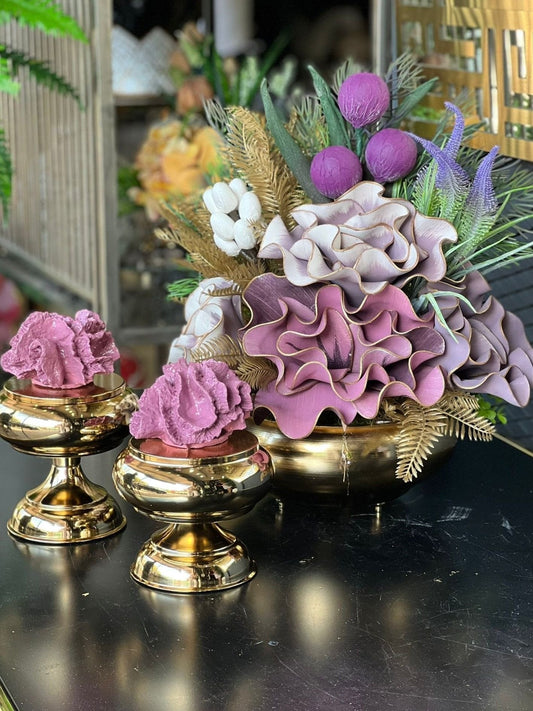 Yapay Çiçekli Gold Yassı Vazo 3 Parça Set No:6