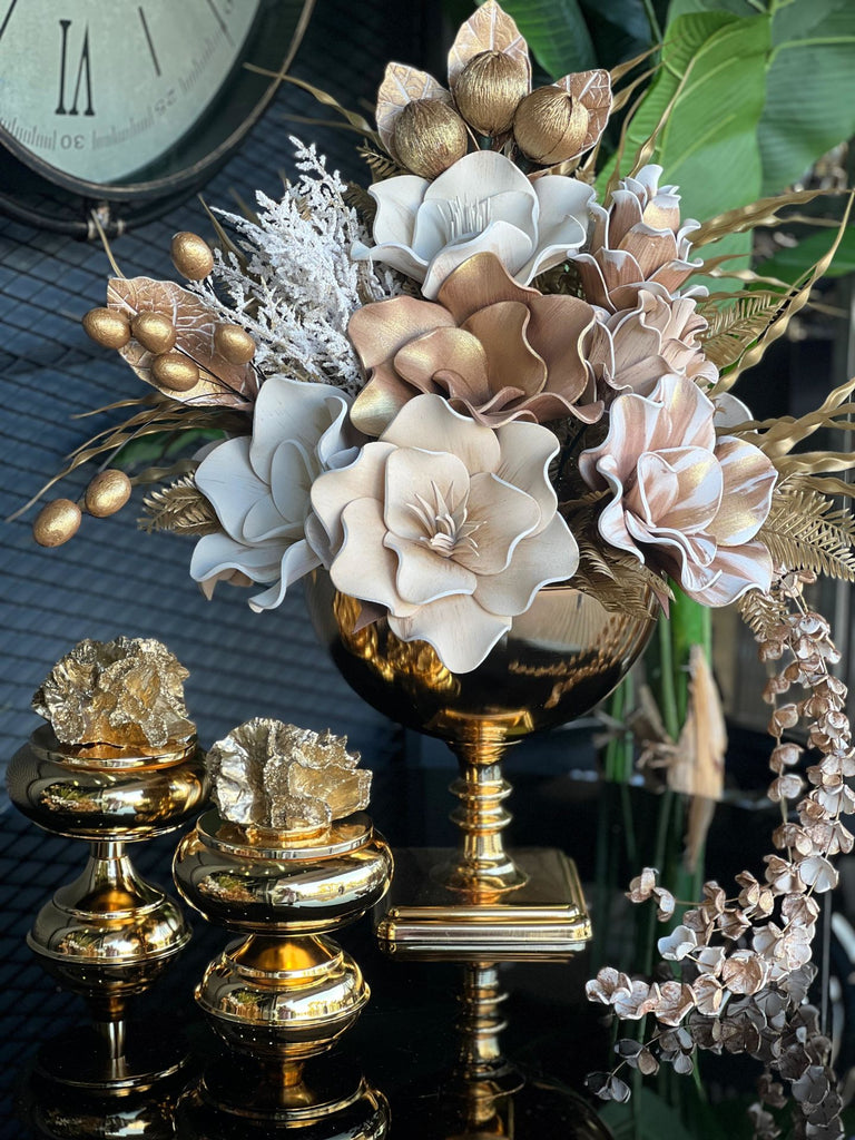 Yapay Çiçekli Gold Kare Ayak Vazo 3 Parça Set No:5