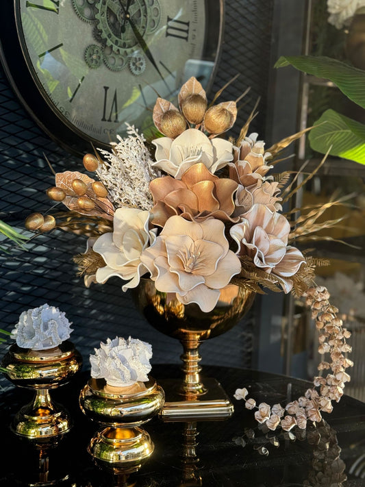 Yapay Çiçekli Gold Kare Ayak Vazo 3 Parça Set No:6