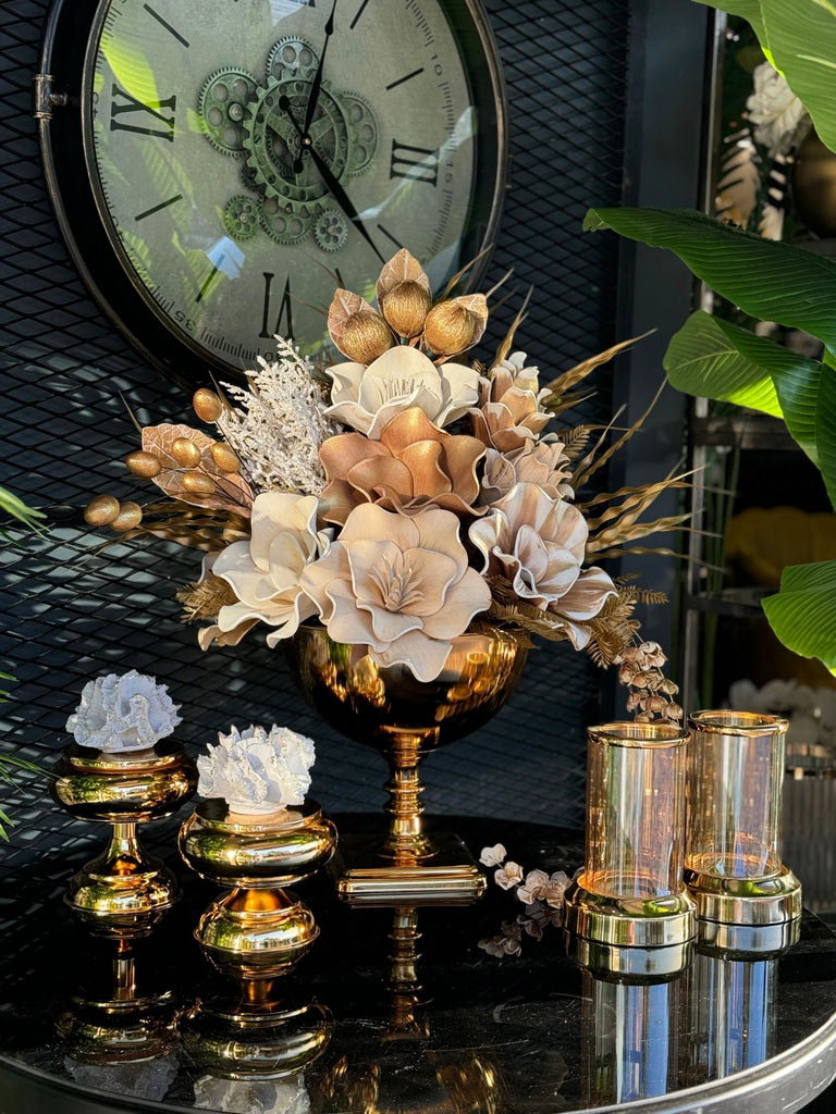 Yapay Çiçekli Gold Kare Ayak Vazo 5 Parça Set No:4