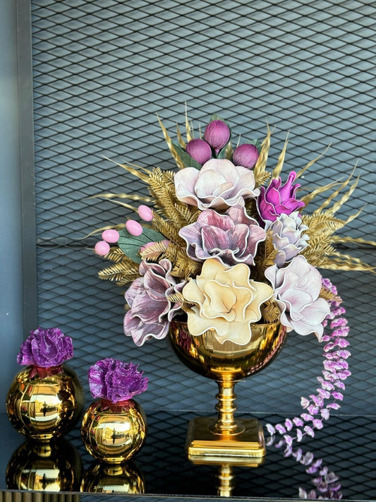 Yapay Çiçekli Gold Kare Ayak Vazo 3 Parça Set No:8