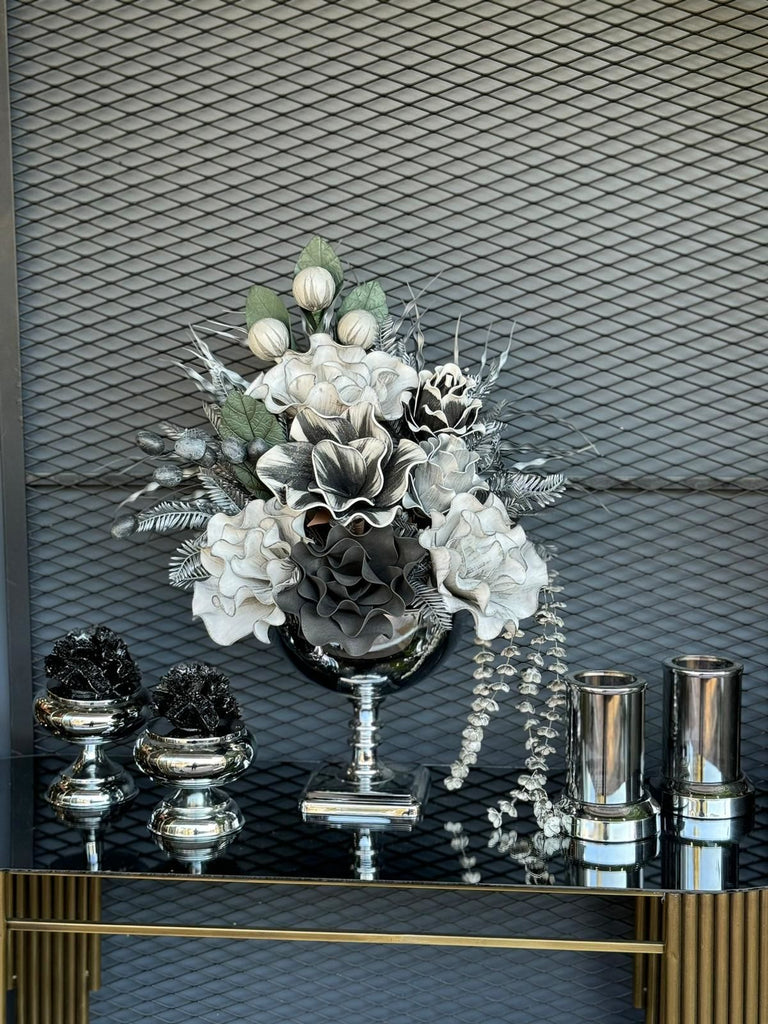 Yapay Çiçekli Gümüş Kare Ayak Vazo 5 Parça Set No:5