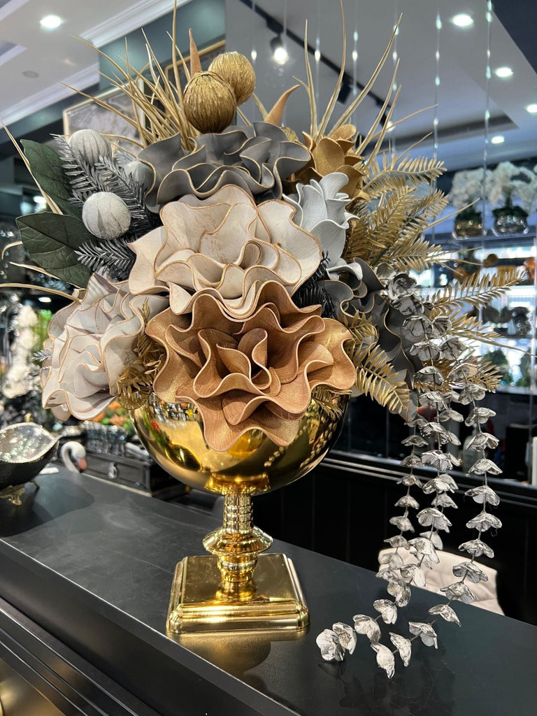 Yapay Çiçekli Gold Kare Ayak Vazo No:19