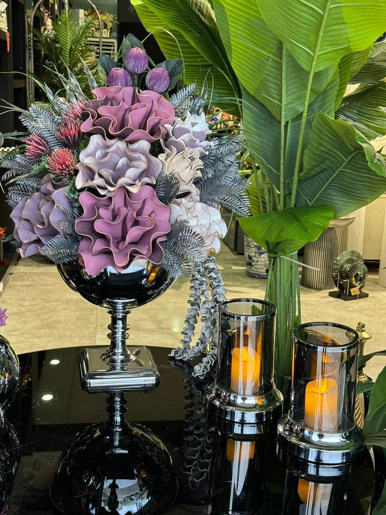 Yapay Çiçekli Gümüş Kare Ayak Vazo 3 Parça Set No:4