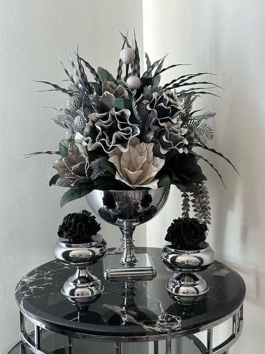 Yapay Çiçekli Gümüş Kare Ayak Vazo 3 Parça Set No:2