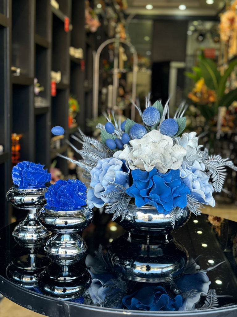 Yapay Çiçekli Gümüş Yassı Vazo 3 Parça Set No:21