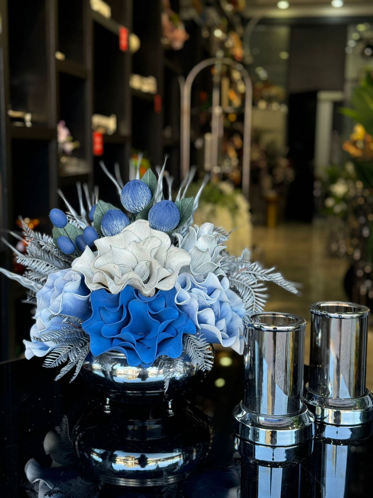 Yapay Çiçekli Gümüş Yassı Vazo 3 Parça Set No:29