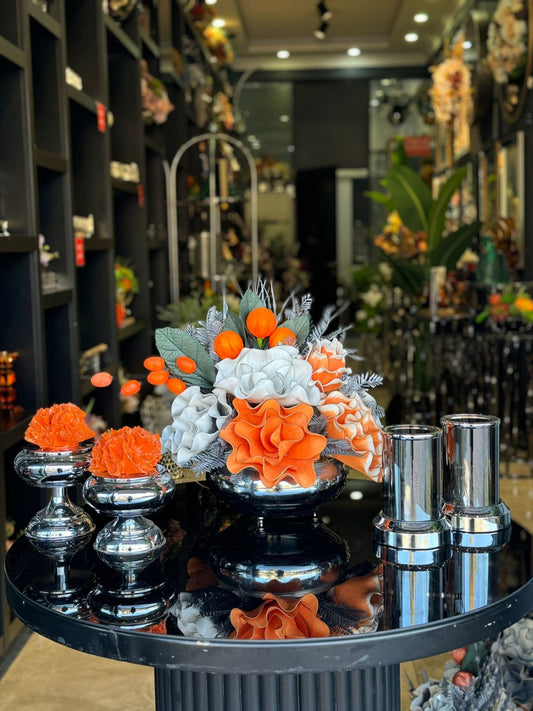 Yapay Çiçekli Gümüş Yassı Vazo 5 Parça Set No:10