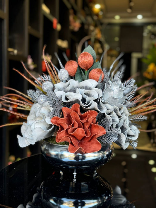 Yapay Çiçekli Gümüş Yassı Vazo No:32