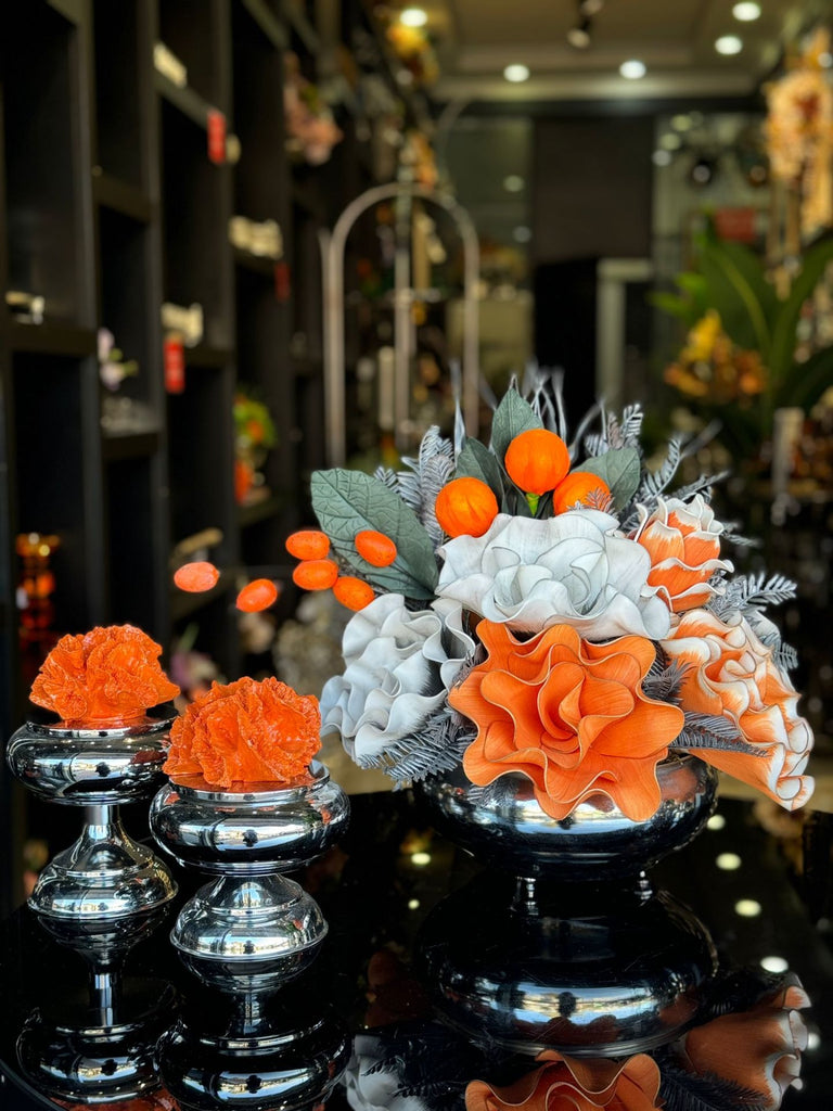 Yapay Çiçekli Gümüş Yassı Vazo 3 Parça Set No:22