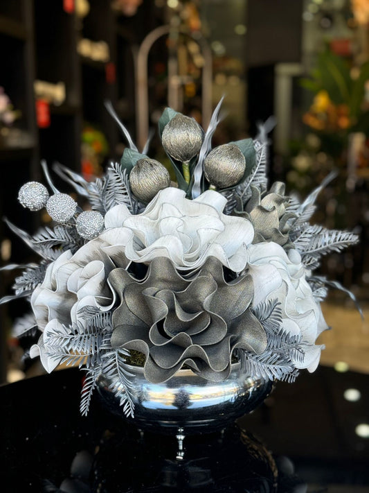 Yapay Çiçekli Gümüş Yassı Vazo No:34