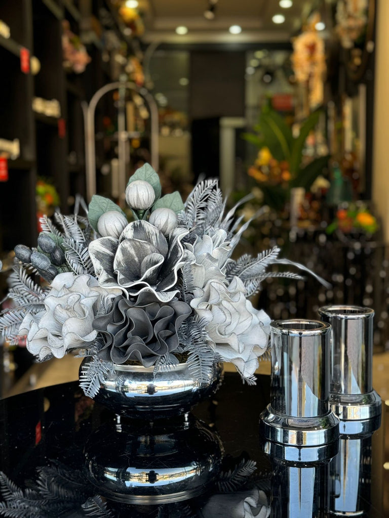 Yapay Çiçekli Gümüş Yassı Vazo 3 Parça Set No:31