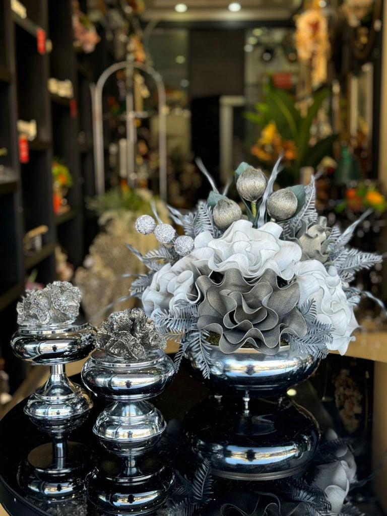 Yapay Çiçekli Gümüş Yassı Vazo 3 Parça Set No:25