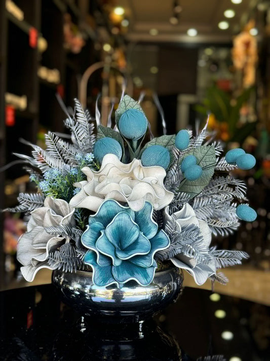 Yapay Çiçekli Gümüş Yassı Vazo No:36