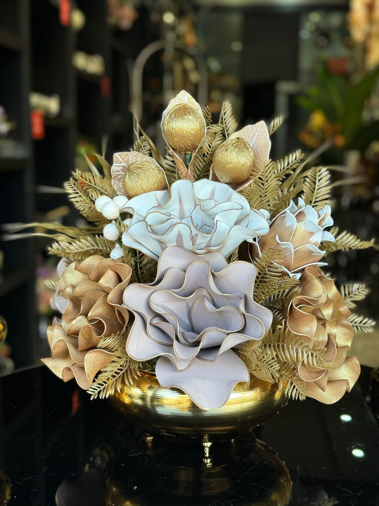 Yapay Çiçekli Gold Yassı Vazo No:33