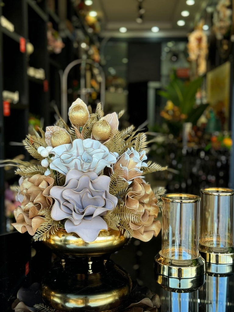 Yapay Çiçekli Gold Yassı Vazo 3 Parça Set No:21