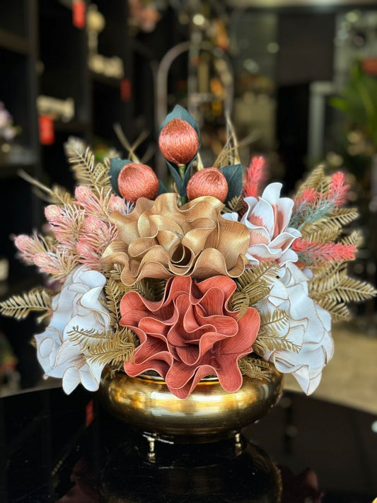 Yapay Çiçekli Gold Yassı Vazo No:34