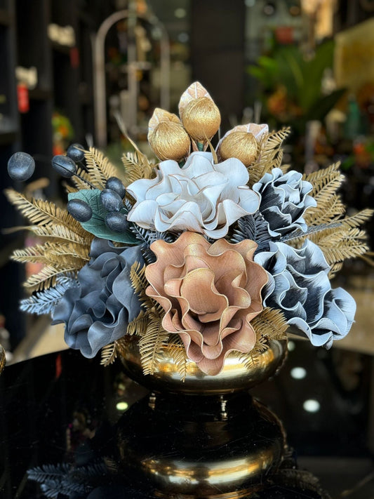 Yapay Çiçekli Gold Yassı Vazo No:35