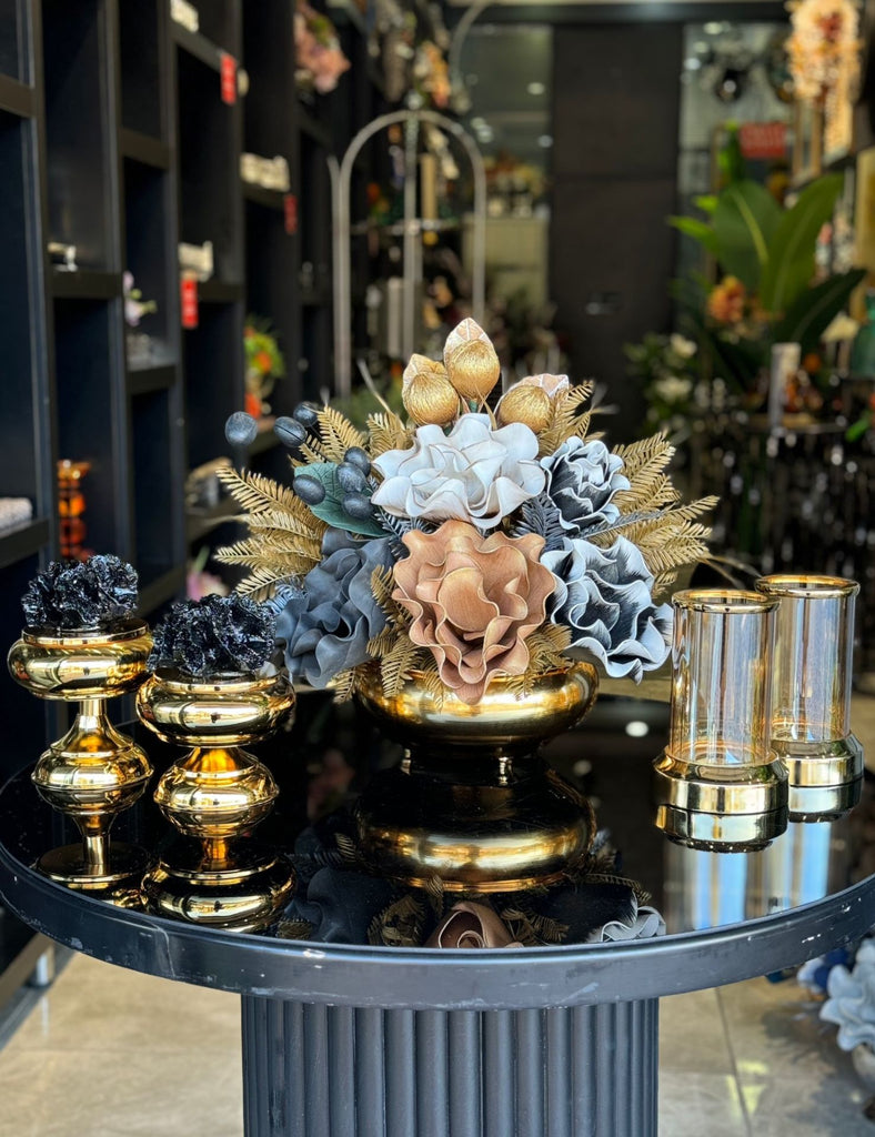 Yapay Çiçekli Gold Yassı Vazo 5 Parça Set No:13