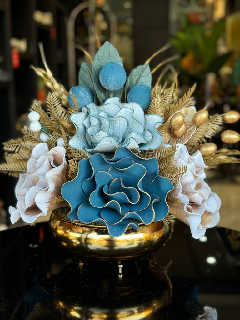 Yapay Çiçekli Gold Yassı Vazo No:36