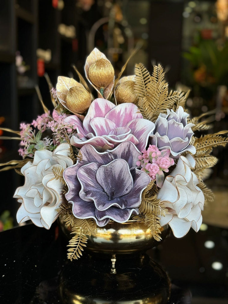 Yapay Çiçekli Gold Yassı Vazo No:37