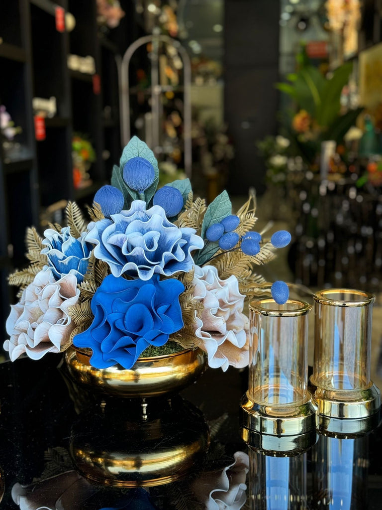 Yapay Çiçekli Gold Yassı Vazo 3 Parça Set No:26