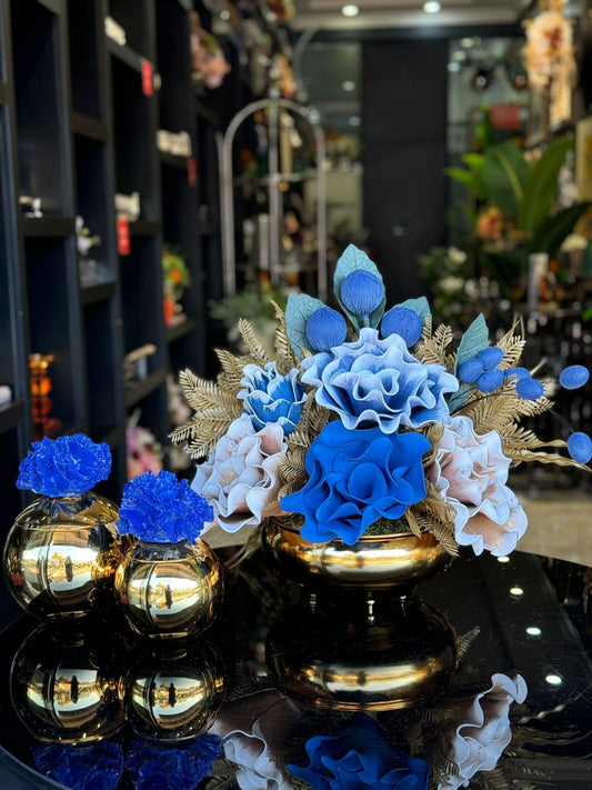 Yapay Çiçekli Gold Yassı Vazo 3 Parça Set No:18