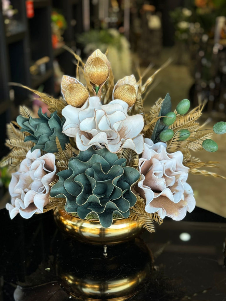 Yapay Çiçekli Gold Yassı Vazo No:39