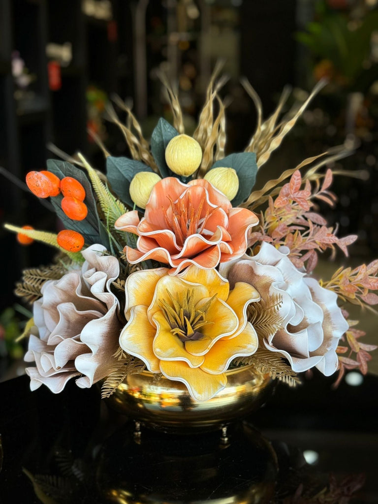 Yapay Çiçekli Gold Yassı Vazo No:40