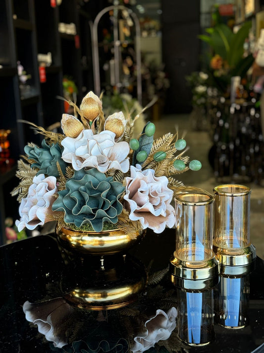Yapay Çiçekli Gold Yassı Vazo 3 Parça Set No:28