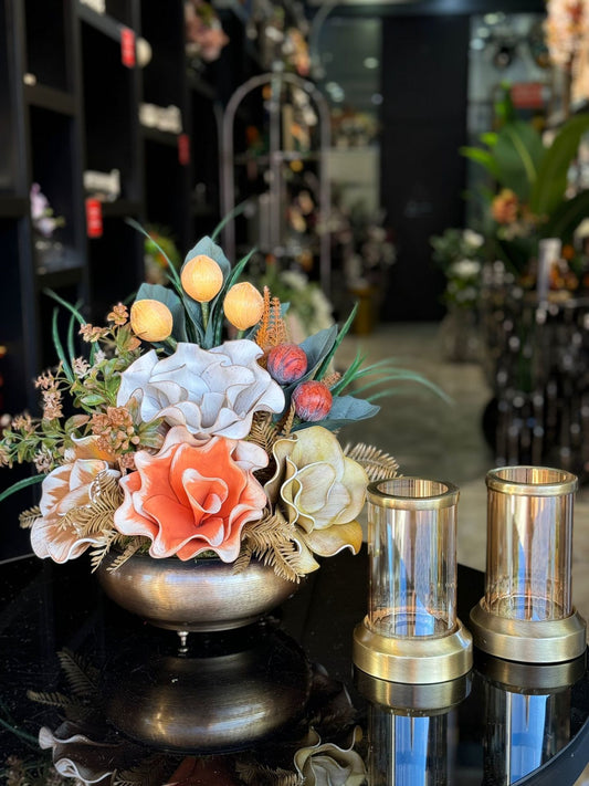 Yapay Çiçekli Antik Yassı Vazo 3 Parça Set No:8