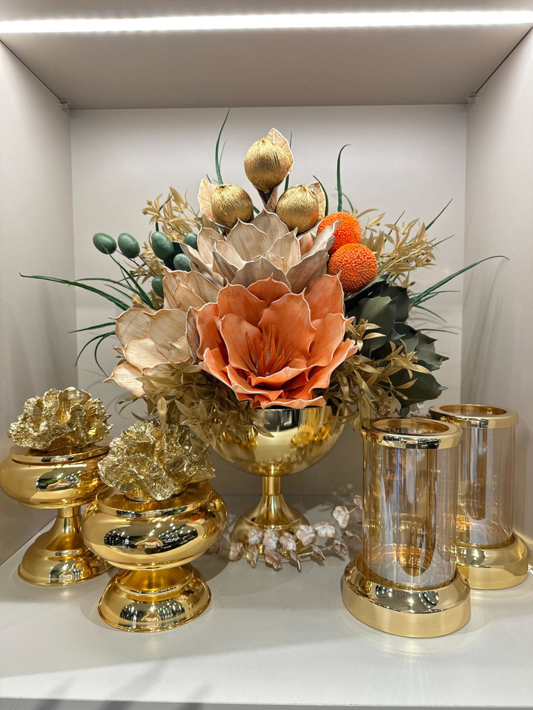 Yapay Çiçekli Gold Yuvarlak Vazo 5 Parça Set No:10