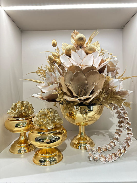 Yapay Çiçekli Gold Yuvarlak Vazo 3 Parça Set No:17