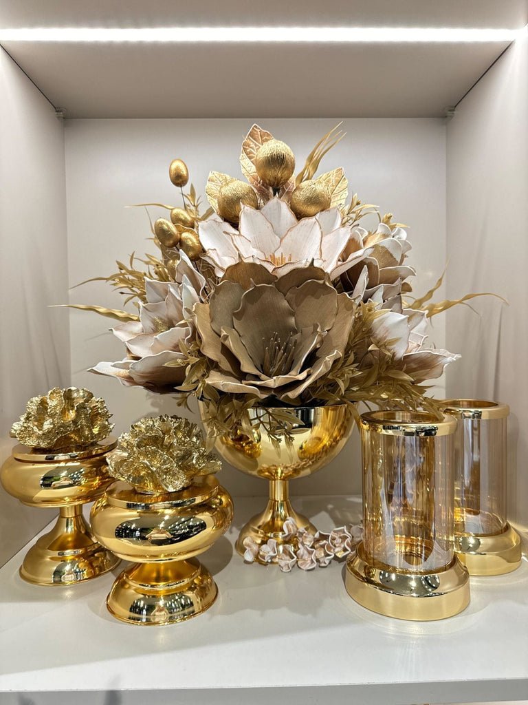 Yapay Çiçekli Gold Yuvarlak Vazo 5 Parça Set No:9