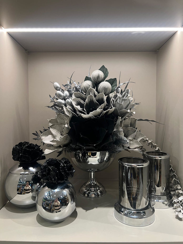 Yapay Çiçekli Gümüş Yuvarlak Vazo 5 Parça Set No:8